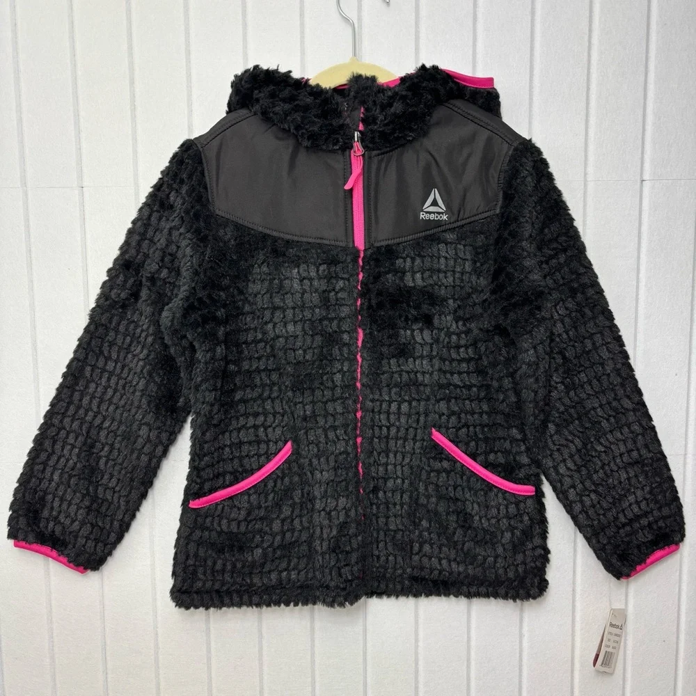 Reebok Black and Pink lightweight Fuzzy Full zip Hoodie jacket coat size‎ 7-8 Y